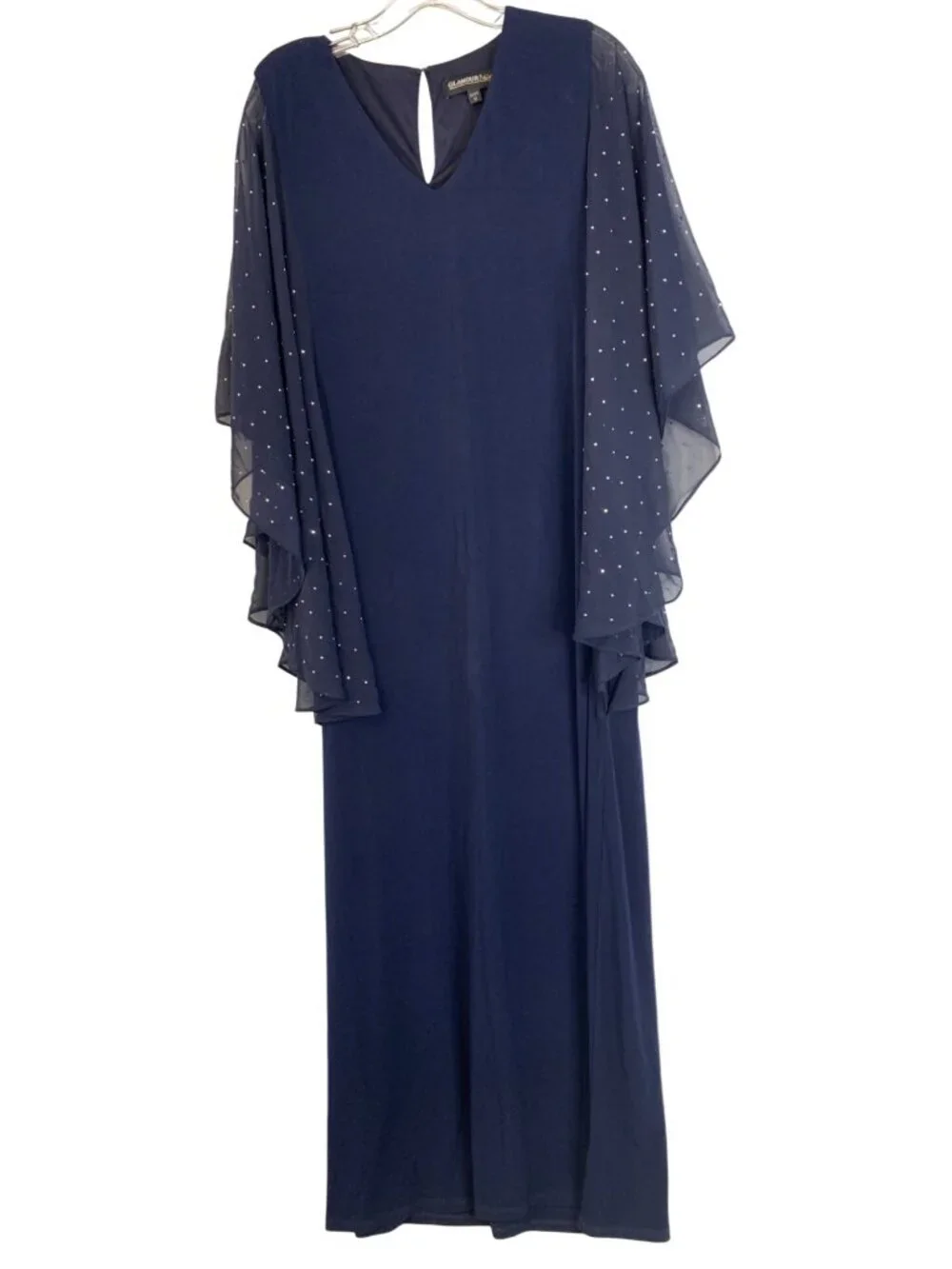 New Glamour Navy Formal Gown Sheer Bead Flutter Sleeves Size 14 - Picture 1 of 8